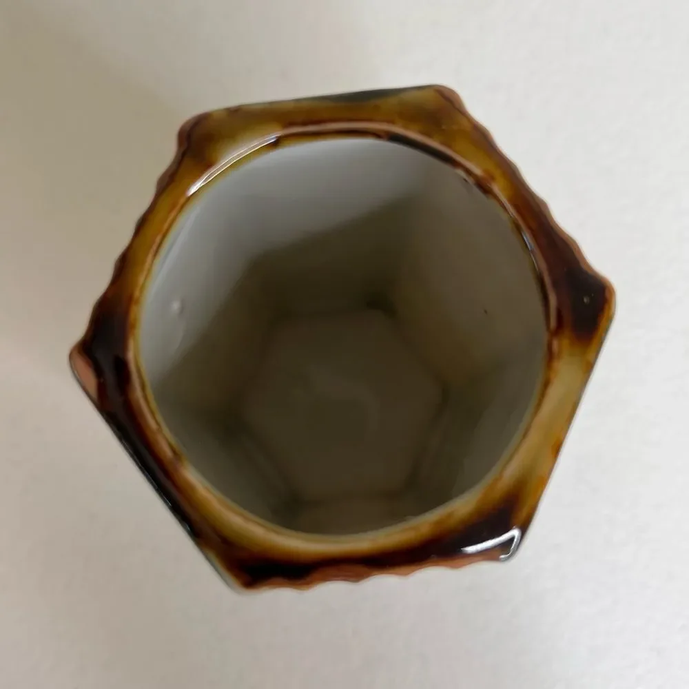 Vintage Hexagon Shape Japanese Vase Bamboo Green Sponge Red Gold Ridged Brown - Picture 7 of 11